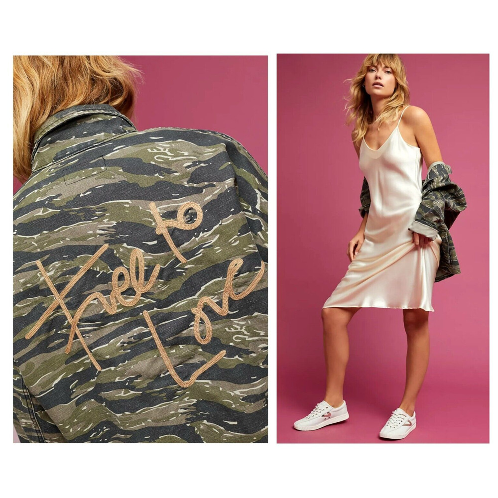 CURRENT/ELLIOTT "Free to Love" chic camo cotton-linen pocket goop jacket $298 M